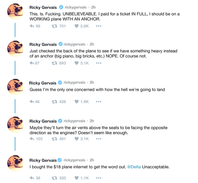 Illustration for article titled Oh No: Ricky Gervais Is Currently Having A Twitter Meltdown Because The Airplane He’s On Does Not Have An Anchor